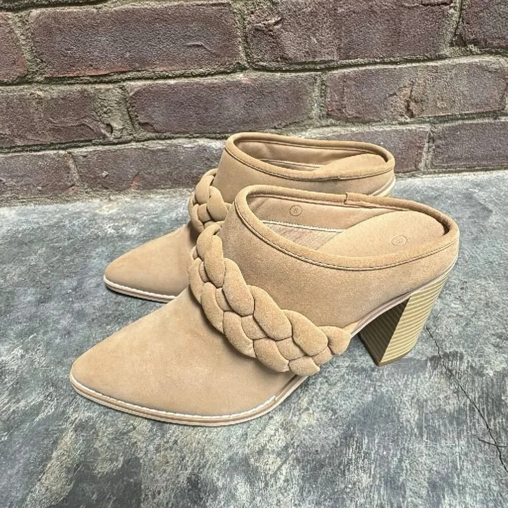Womens Chunky Nude Block Heel Mules Braided Strap Booties Slip On Pointed Toe Sh